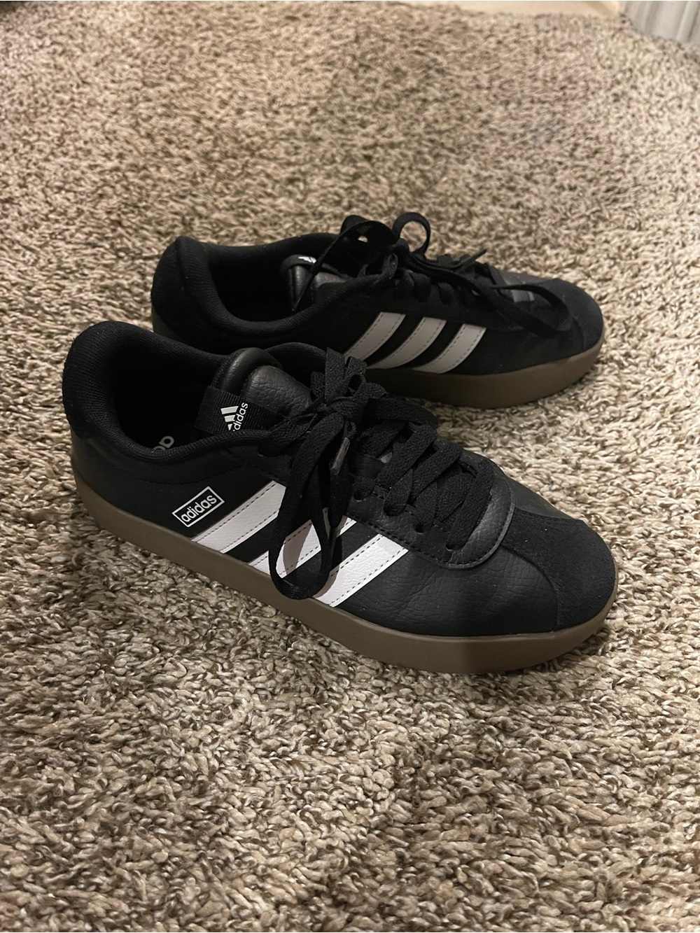 adidas Black Sneakers with White Stripes and Brown Gum Sole